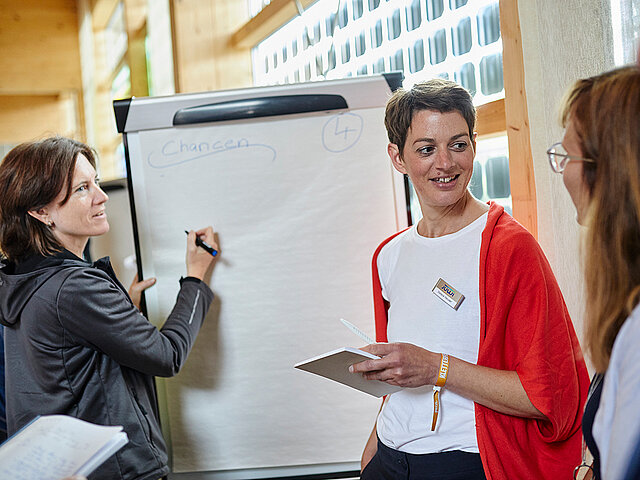 Drei JUWI-Mitarbeiterinnen stehen vor einem Whiteboard und diskutieren miteinander.
