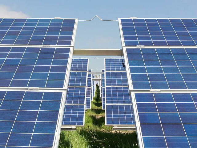 Eine Lücke zwischen zwei PV-Modulen. Dahinter sind viele weitere Reihen zu sehen.
