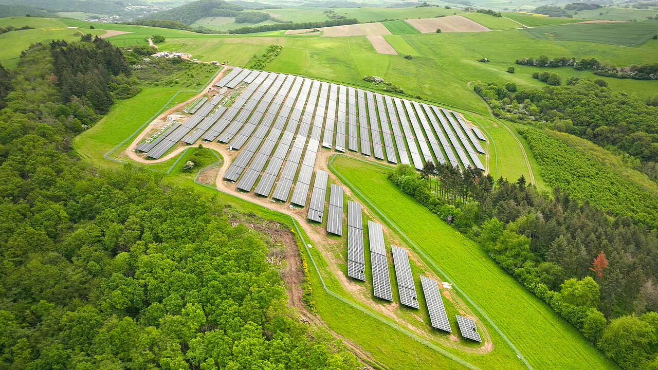 Freiflächensolarpark in einer Hanglage. Rundherum eine Wiese und Wälder.