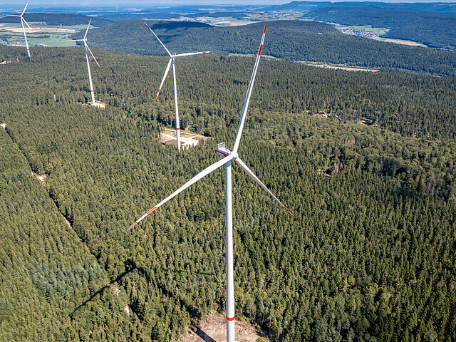 Ein Bild des Windparks "Junge Donau". Die Anlagen stehen inmitten von Nadelwäldern.
