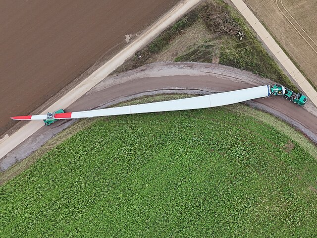 Das Blatt einer Windenergieanlage wird von zwei grünen Lastwagen über einen Feldweg transportiert.