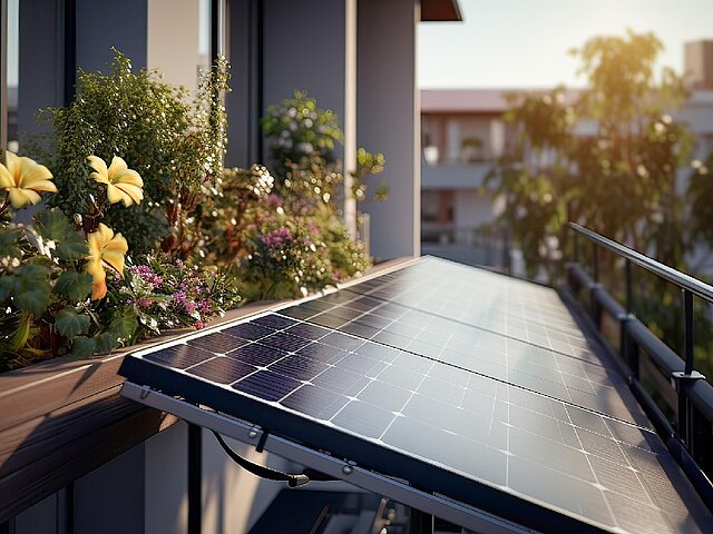 Eine Solaranlage bestehend aus zwei Modulen ist direkt am Balkon eines Hauses angebracht.