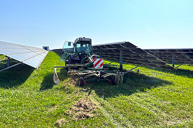 Traktor mäht Wiesenfläche zwischen Solarmodulen in einem Freiflächensolarpark.
