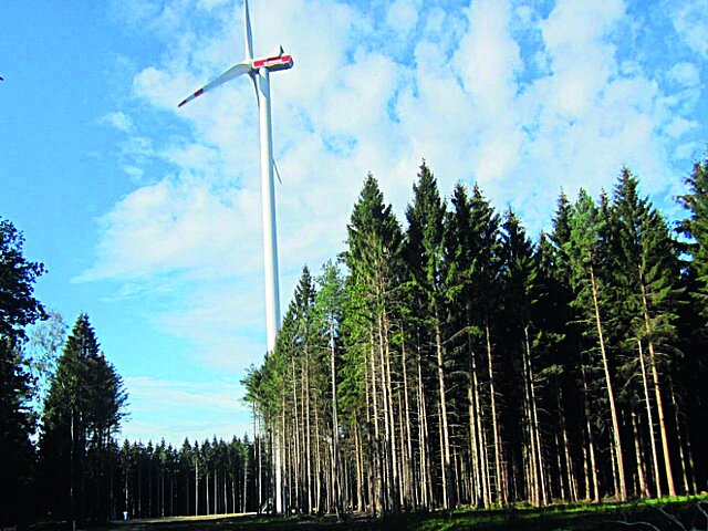 Eine Windkraft-Anlage hinter einem Waldstück aus Nadelbäumen. Der Himmel ist leicht bewölkt.
