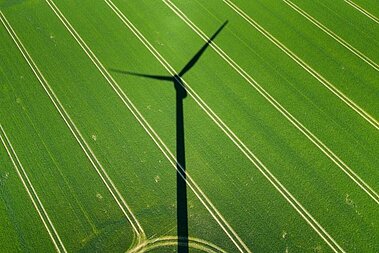 Der Schatten einer Windenergieanlage auf einer grünen Wiese.