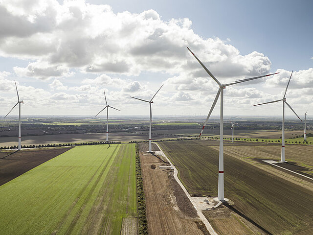 Windräder stehen auf einem Feld bei Sonnenschein.