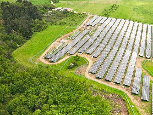 Ein großer Solarpark am Waldrand.
