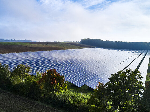 Der Solarpark Röckingen wird von der Sonne beschienen.