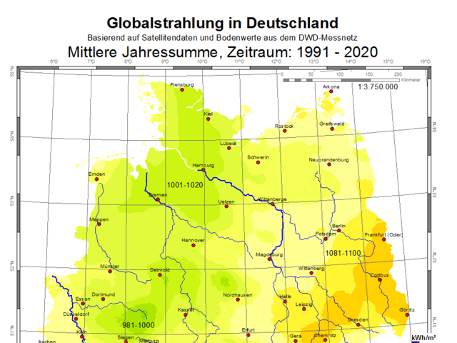 Übersichtskarte über die Globalstrahlung in Deutschland von 1991 bis 2020. Im Süden ist sie deutlich höher als im Norden von Deutschland.