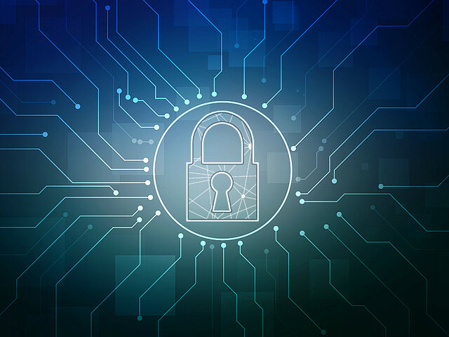 Digitale Datenströme führen zu einem Datenschloss in der Mitte des Bildes.
