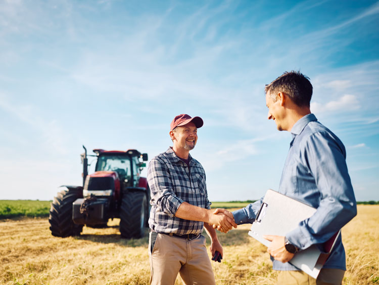 Eine Landwirt steht mit einem JUWI-Mitarbeiter auf einem Acker und deutet in die Ferne.